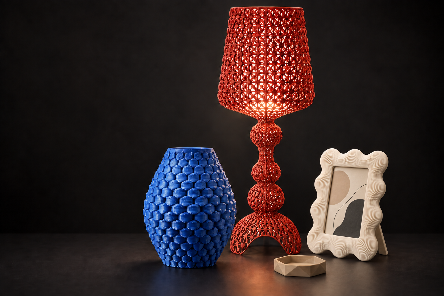 Composizione di design: lampada rossa a reticolo, vaso blu texturizzato e cornice scultorea ondulata e piccolo svuotatasche geometrico